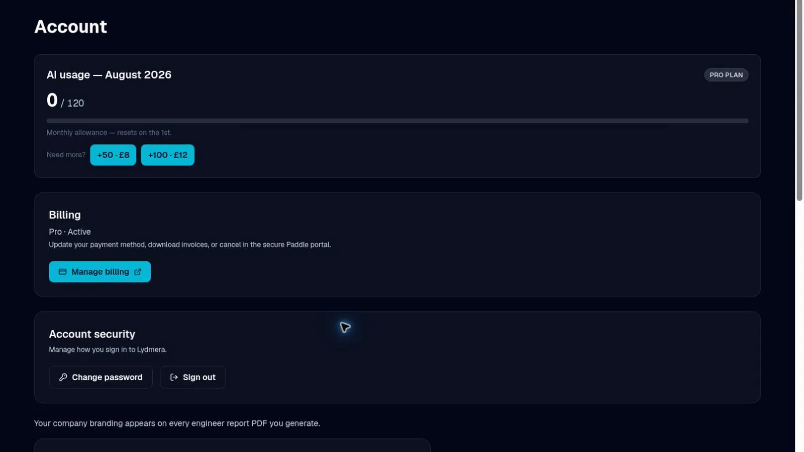 Account setup and report branding